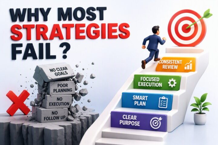 Strategy Execution infographic illustrating the common reasons why business strategies fail and the essential steps required for successful implementation. The visual contrasts failed strategies caused by unclear goals, poor planning, lack of execution, and inadequate follow‑up with a structured path to success that includes a clear purpose, a SMART plan, focused execution, and consistent review. The staircase leading to a target symbolizes progressive improvement, alignment, accountability, and achievement of strategic objectives. The infographic highlights how effective planning, disciplined execution, continuous monitoring, and regular performance reviews increase the likelihood of achieving business goals and long‑term organizational success.