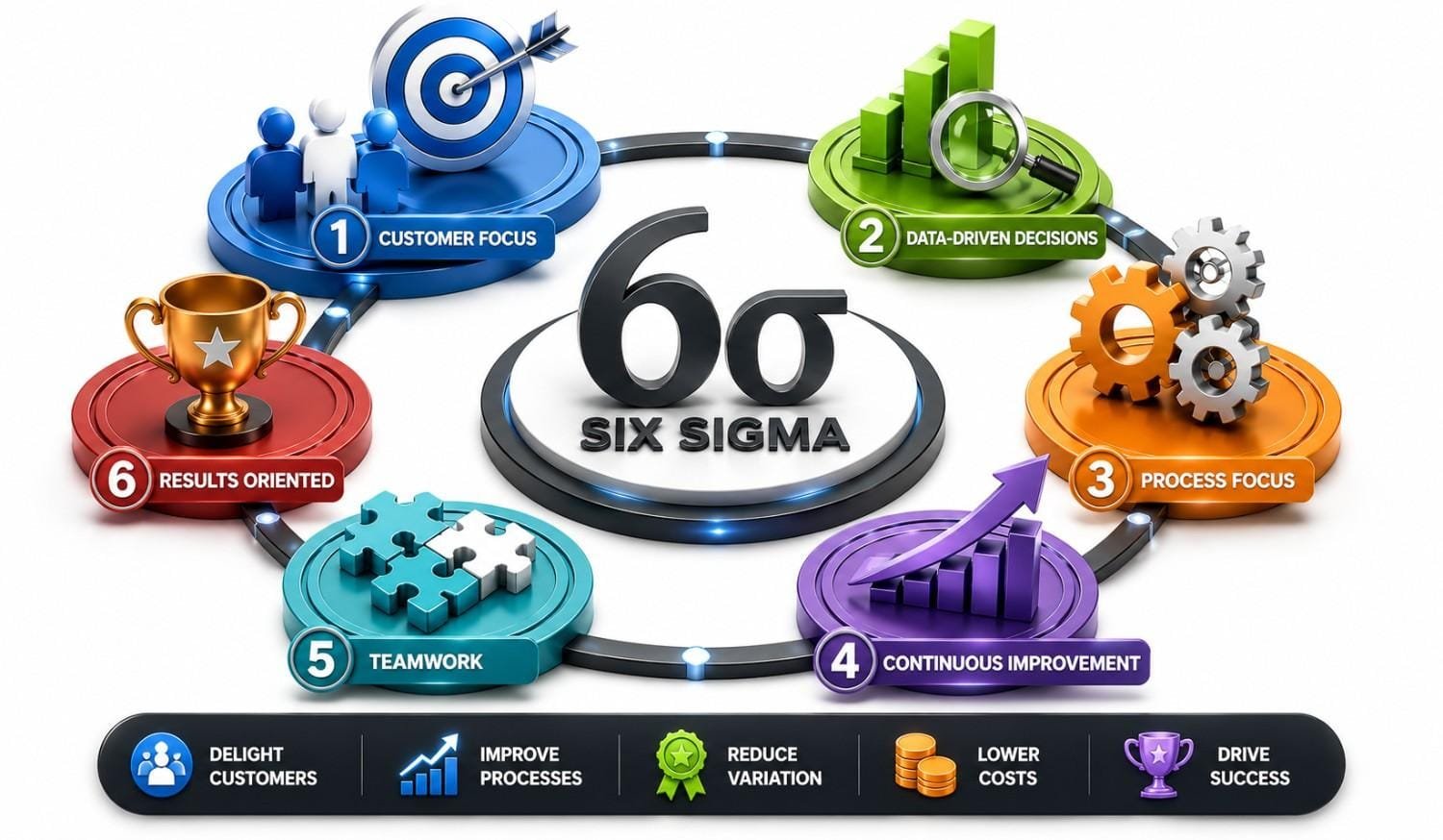 Six Sigma key principles infographic showing customer focus, data-driven decision making, process focus, continuous improvement, teamwork and results-oriented performance improvement