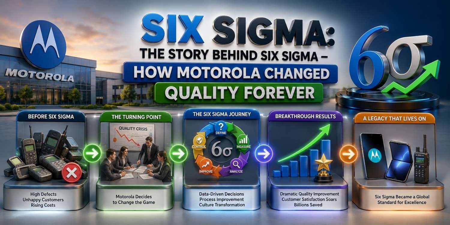 History of Six Sigma at Motorola showing quality challenges, process improvement journey, DMAIC methodology adoption, breakthrough business results and the global impact of Six Sigma on quality management