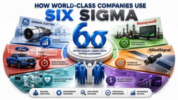 How world-class companies use Six Sigma to improve quality, reduce process variation, lower costs, increase efficiency, improve customer satisfaction, and achieve continuous business improvement.