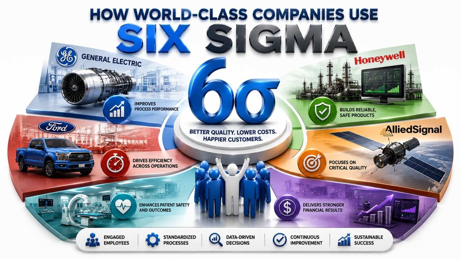 Six Sigma success stories from Motorola, General Electric, Ford, Honeywell and AlliedSignal demonstrating quality improvement, defect reduction, process optimization and business performance improvement through Six Sigma methodology