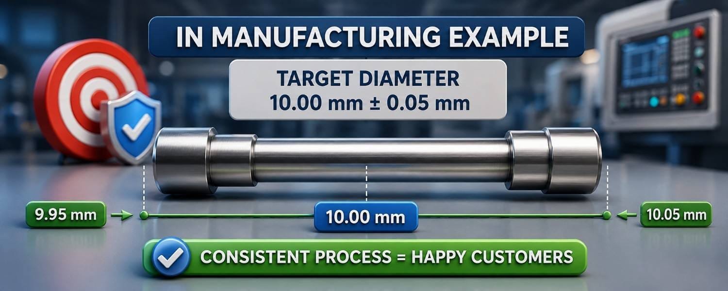 Six Sigma manufacturing example showing target diameter specification limits, process consistency, dimensional control and customer satisfaction through variation reduction and quality improvement