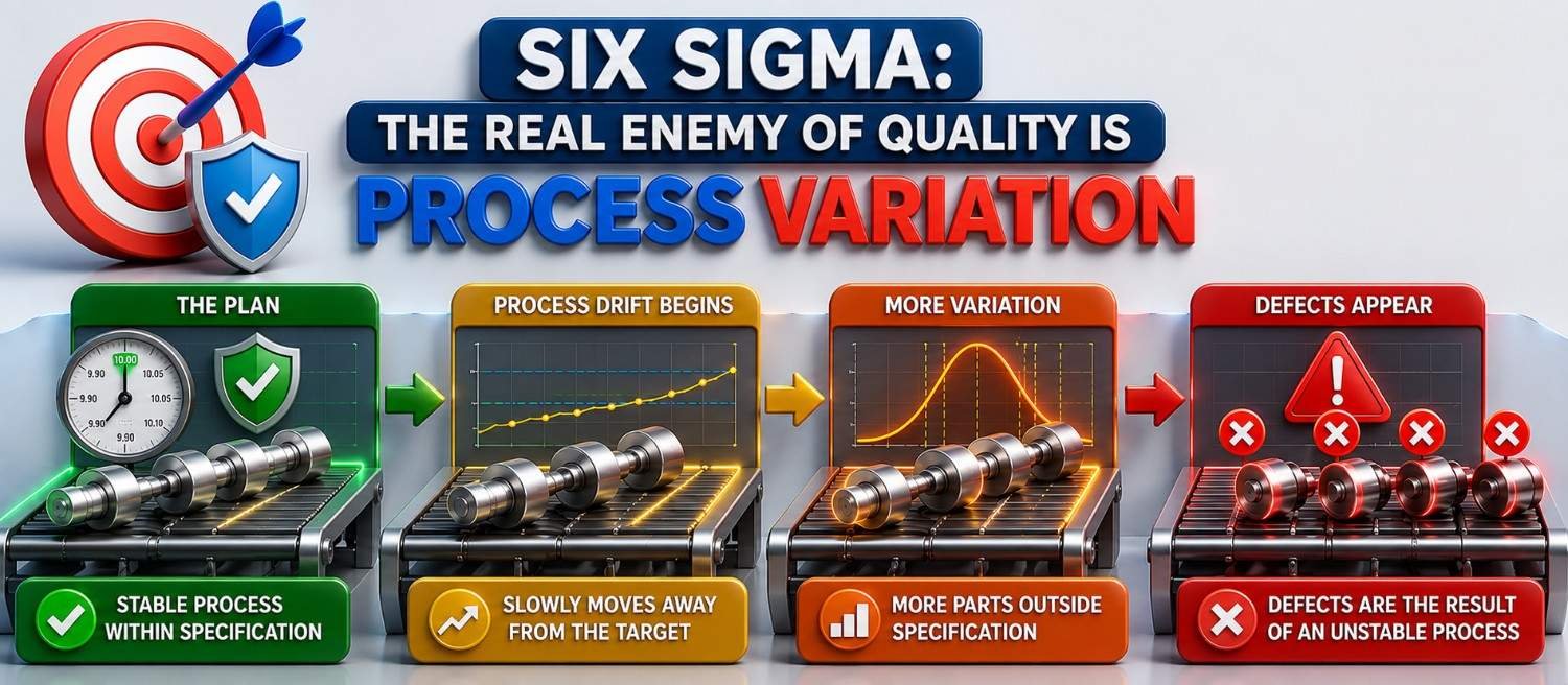 Six Sigma process variation infographic showing how process drift increases variation, creates defects and reduces quality while stable processes stay within specification limits