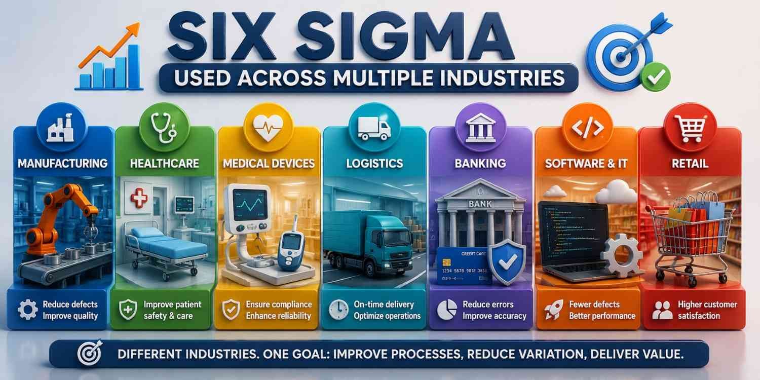 Six Sigma applications across manufacturing, healthcare, medical devices, logistics, banking, software and retail industries for quality improvement, defect reduction and process optimization