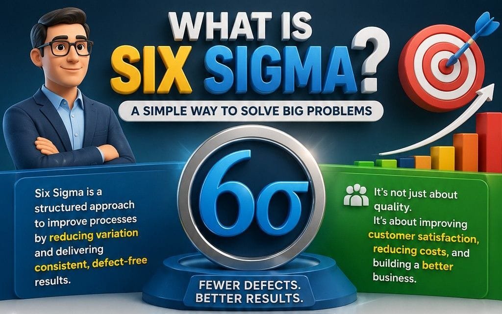 What is Six Sigma infographic explaining process improvement methodology, defect reduction, variation control and customer satisfaction using the Six Sigma approach