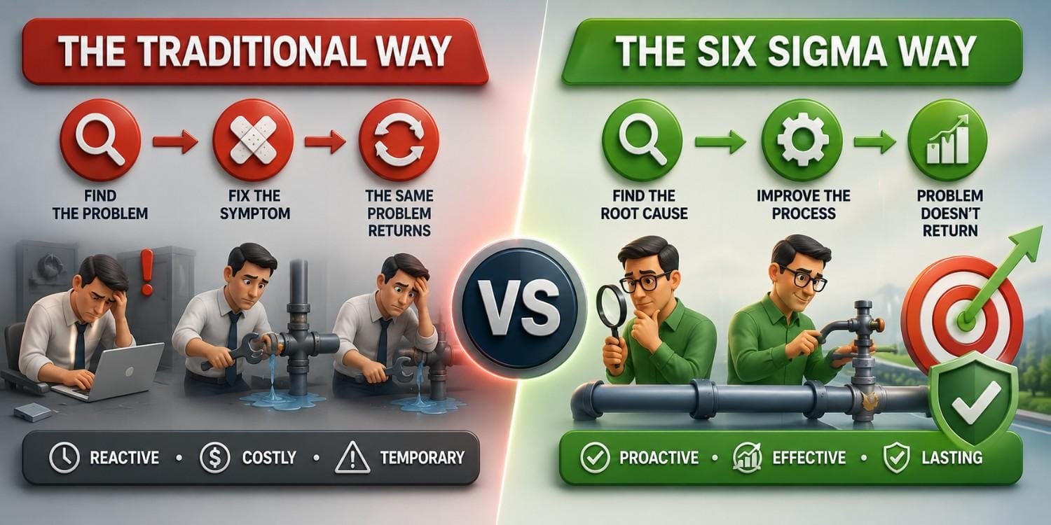Six Sigma vs traditional problem solving comparison showing root cause analysis, process improvement, defect prevention and sustainable quality improvement through the Six Sigma methodology
