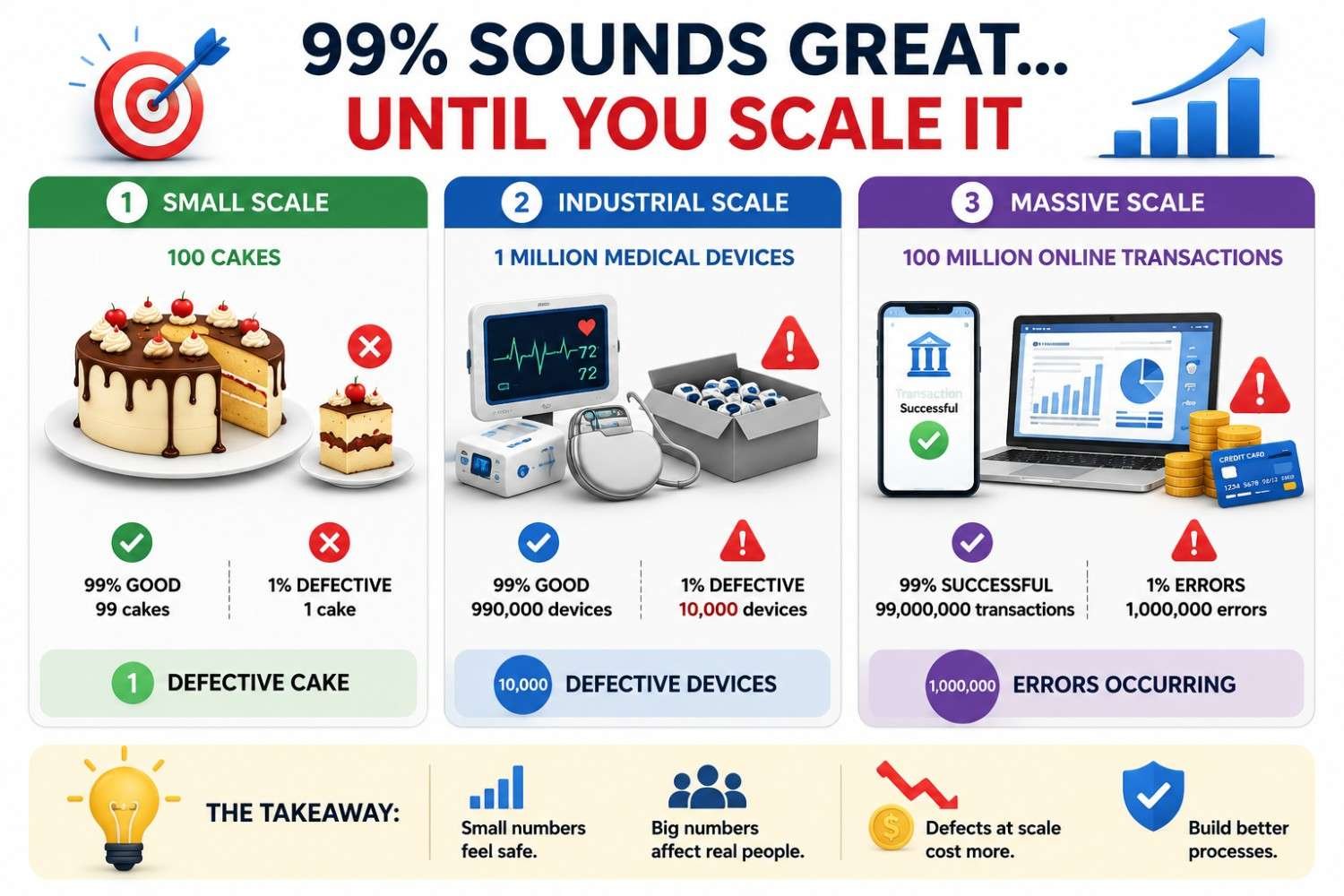 Six Sigma quality improvement infographic demonstrating why 99 percent quality may be insufficient at large scale due to defects, errors and process variation, highlighting the need for Six Sigma performance levels