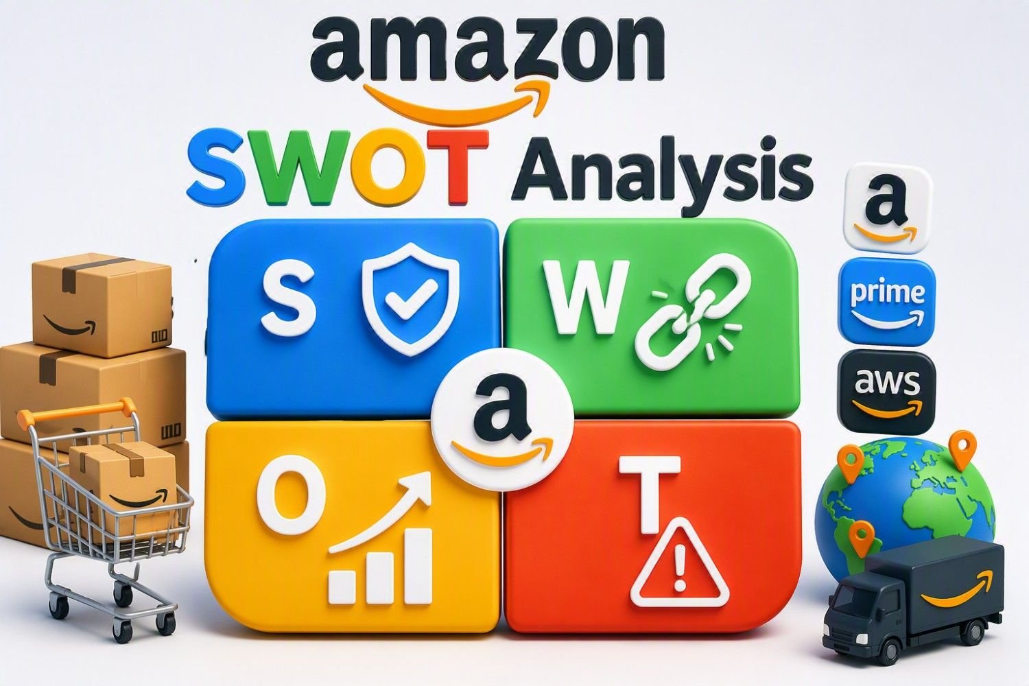 SWOT Analysis : Strengths, Weaknesses, Opportunities & Threats Amazon SWOT Analysis infographic illustrating a strategic evaluation of Amazon using the SWOT framework: Strengths, Weaknesses, Opportunities, and Threats. The visual features Amazonโs core business ecosystem, including Amazon Marketplace, Amazon Prime, Amazon Web Services (AWS), global logistics, eโcommerce operations, and worldwide delivery networks. The SWOT matrix highlights strengths such as brand leadership, customer loyalty, technological innovation, and cloud computing capabilities. Weaknesses represent operational challenges and business dependencies. Opportunities focus on global expansion, emerging technologies, digital services, artificial intelligence, and new market growth. Threats include increasing competition, regulatory pressures, cybersecurity risks, supply chain disruptions, and changing consumer trends. The infographic