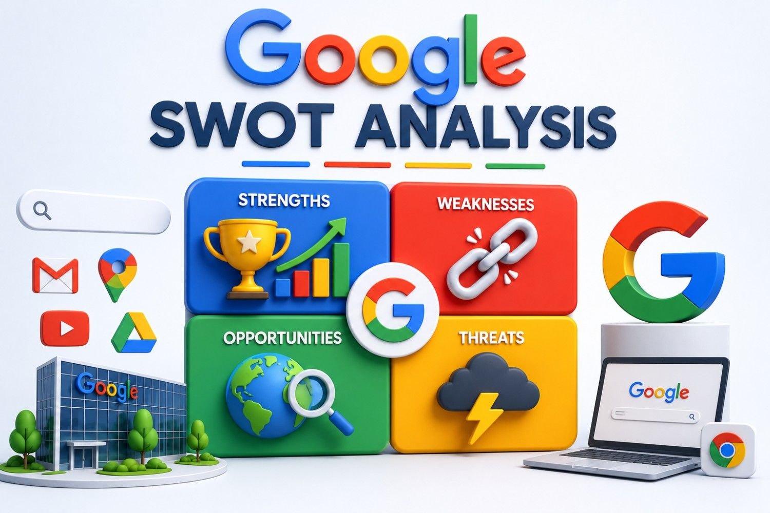 SWOT Analysis : Strengths, Weaknesses, Opportunities & Threats Google SWOT Analysis infographic illustrating a strategic evaluation of Google using the SWOT framework: Strengths, Weaknesses, Opportunities, and Threats. The visual features Googleโs ecosystem, including Search, Gmail, YouTube, Google Maps, Chrome, and Google Drive, alongside the four SWOT categories. Strengths are represented by market leadership, brand recognition, innovation, and revenue growth. Weaknesses highlight potential business challenges and dependencies. Opportunities focus on global expansion, emerging technologies, artificial intelligence, and new market growth. Threats emphasize competition, regulatory pressures, cybersecurity risks, and market uncertainties. The infographic demonstrates how SWOT Analysis helps organizations assess internal capabilities and external business environments to support strategic planning, risk management, and longโterm growth.