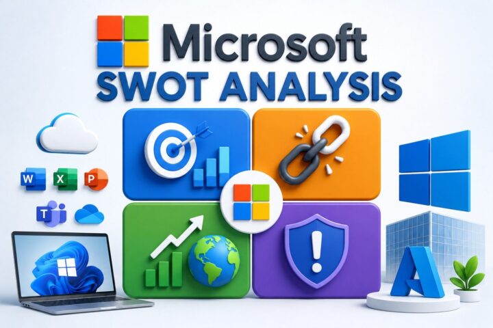 Microsoft SWOT Analysis infographic presenting a strategic assessment of Microsoft using the SWOT framework: Strengths, Weaknesses, Opportunities, and Threats. The visual features key Microsoft products and platforms, including Windows, Microsoft 365, Teams, Azure Cloud, Word, Excel, PowerPoint, and AI technologies, alongside a four-quadrant SWOT model. Strengths are represented by market leadership, strong brand reputation, innovation, cloud computing, and business growth. Weaknesses highlight organizational challenges and competitive limitations. Opportunities focus on artificial intelligence, cloud expansion, digital transformation, global markets, and emerging technologies. Threats emphasize cybersecurity risks, intense competition, regulatory pressures, and changing technology trends. The infographic demonstrates how SWOT Analysis helps evaluate Microsoft’s internal capabilities and external business environment to support strategic planning, risk management, innovation, and long‑term business growth.