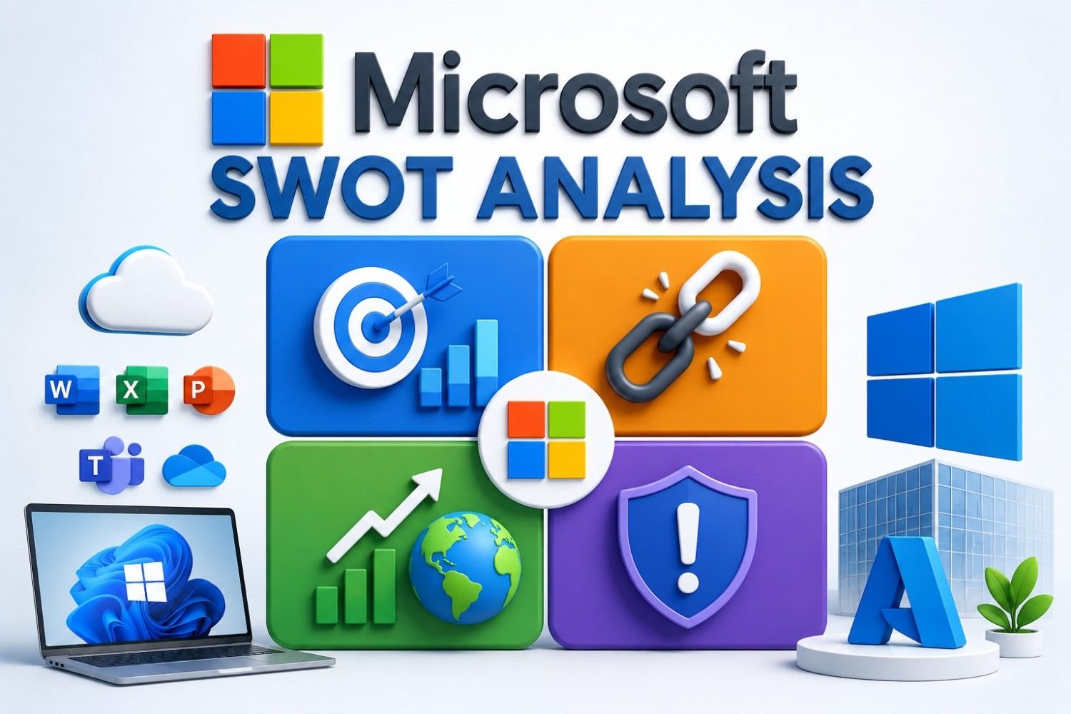 SWOT Analysis : Strengths, Weaknesses, Opportunities & Threats Microsoft SWOT Analysis infographic presenting a strategic assessment of Microsoft using the SWOT framework: Strengths, Weaknesses, Opportunities, and Threats. The visual features key Microsoft products and platforms, including Windows, Microsoft 365, Teams, Azure Cloud, Word, Excel, PowerPoint, and AI technologies, alongside a four-quadrant SWOT model. Strengths are represented by market leadership, strong brand reputation, innovation, cloud computing, and business growth. Weaknesses highlight organizational challenges and competitive limitations. Opportunities focus on artificial intelligence, cloud expansion, digital transformation, global markets, and emerging technologies. Threats emphasize cybersecurity risks, intense competition, regulatory pressures, and changing technology trends. The infographic demonstrates how SWOT Analysis helps evaluate Microsoftโs internal capabilities and external business environment to support strategic planning, risk management, innovation, and longโterm business growth.