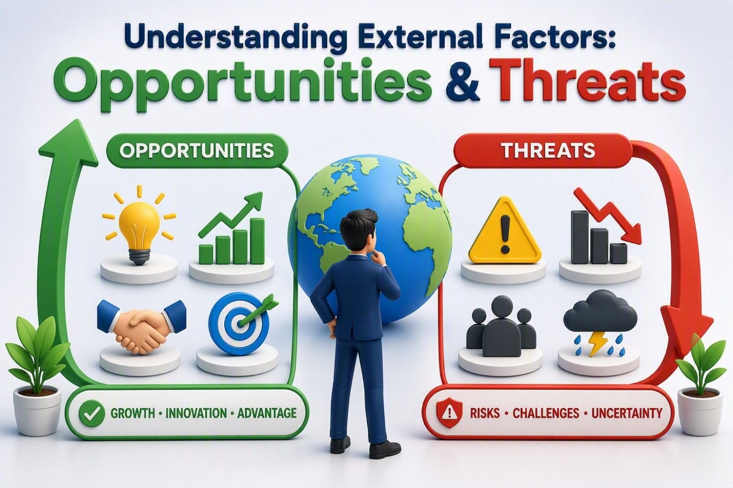 SWOT Analysis : Strengths, Weaknesses, Opportunities & Threats SWOT Analysis infographic explaining the external factors of strategic planning by comparing Opportunities and Threats. The visual highlights opportunities such as market growth, innovation, partnerships, competitive advantages, and business expansion, represented by growth charts, target icons, and collaboration symbols. It contrasts these with threats including market competition, economic uncertainty, industry disruptions, declining performance, and external risks, represented by warning signs, downward trends, and risk-related icons. The infographic demonstrates how organizations use SWOT Analysis to identify external opportunities for growth and innovation while anticipating potential threats, enabling better strategic planning, risk management, and long-term business success.