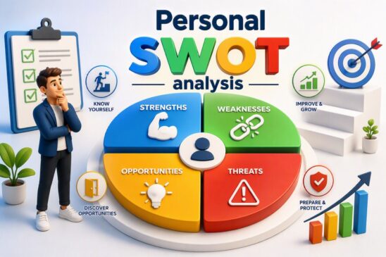 Personal SWOT Analysis framework showing strengths, weaknesses, opportunities and threats used for self-assessment, career development and personal growth planning