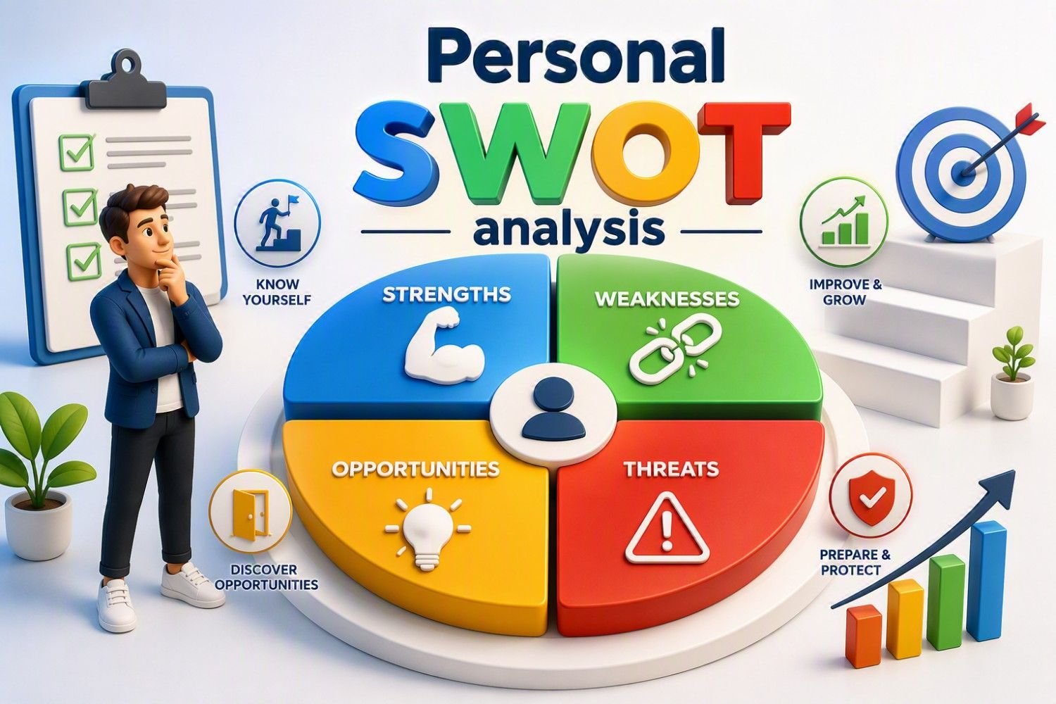 SWOT Analysis : Strengths, Weaknesses, Opportunities & Threats Personal SWOT Analysis framework showing strengths, weaknesses, opportunities and threats used for self-assessment, career development and personal growth planning