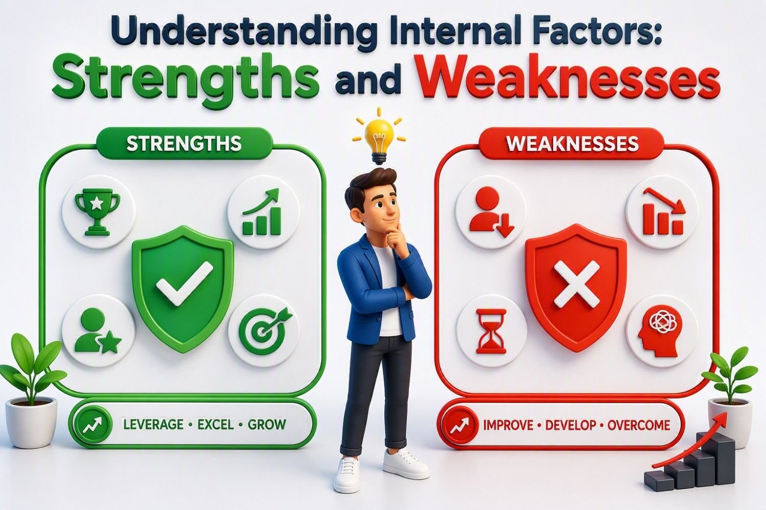 SWOT Analysis : Strengths, Weaknesses, Opportunities & Threats SWOT Analysis infographic explaining the internal factors of a business by comparing Strengths and Weaknesses. The visual highlights strengths such as strong capabilities, competitive advantages, expertise, growth potential, and performance excellence, represented by a green shield and success-oriented icons. It contrasts these with weaknesses such as skill gaps, limited resources, operational challenges, declining performance, and improvement opportunities, represented by a red shield and performance-related icons. The infographic demonstrates how identifying strengths helps organizations leverage and grow their advantages, while recognizing weaknesses enables continuous improvement, capability development, and better strategic decision-making within the SWOT Analysis framework.