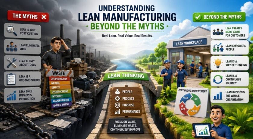 Visual explaining Lean Manufacturing beyond the myths, showing how Lean creates value through people, process improvement, purpose, and continuous improvement.
