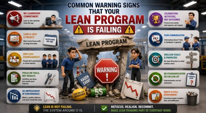 Visual showing common warning signs of a failing Lean Manufacturing program, including poor leadership, disengaged employees, unclear goals, and lack of continuous improvement.