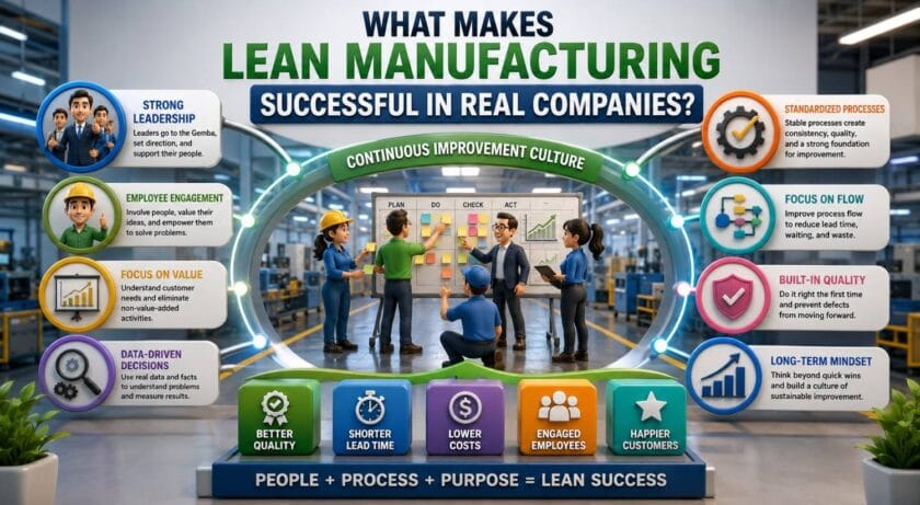 Lean Manufacturing success factors including leadership, employee engagement, process standardization, flow improvement, quality, and continuous improvement culture.