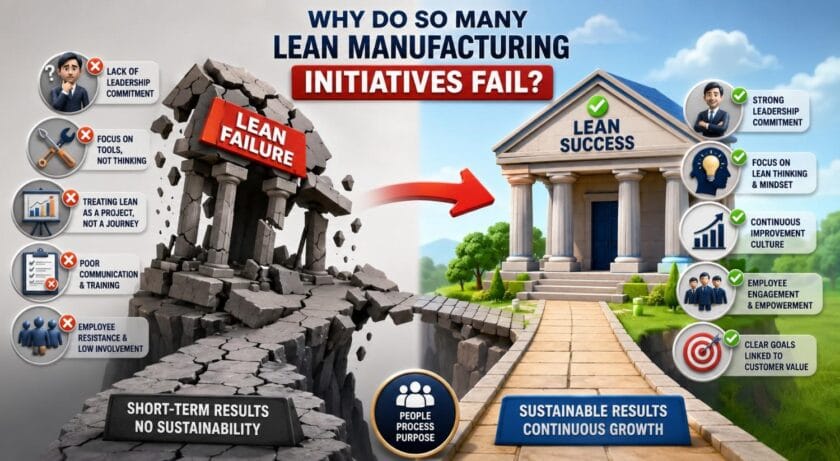 Visual showing why Lean Manufacturing initiatives fail and how leadership, employee engagement, and continuous improvement lead to Lean success.