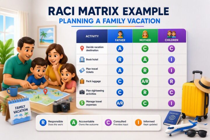 RACI Matrix example infographic showing how the Responsible, Accountable, Consulted, and Informed (RACI) framework can be applied to planning a family vacation. The visual presents a responsibility assignment matrix that maps vacation planning activities—including choosing a destination, booking hotels, arranging travel tickets, packing luggage, planning sightseeing activities, and managing travel expenses—to different family members. It demonstrates how RACI clarifies ownership, decision-making authority, consultation requirements, and communication responsibilities. The infographic highlights how using a RACI Matrix improves role clarity, accountability, collaboration, coordination, and successful project execution in both personal and professional projects.