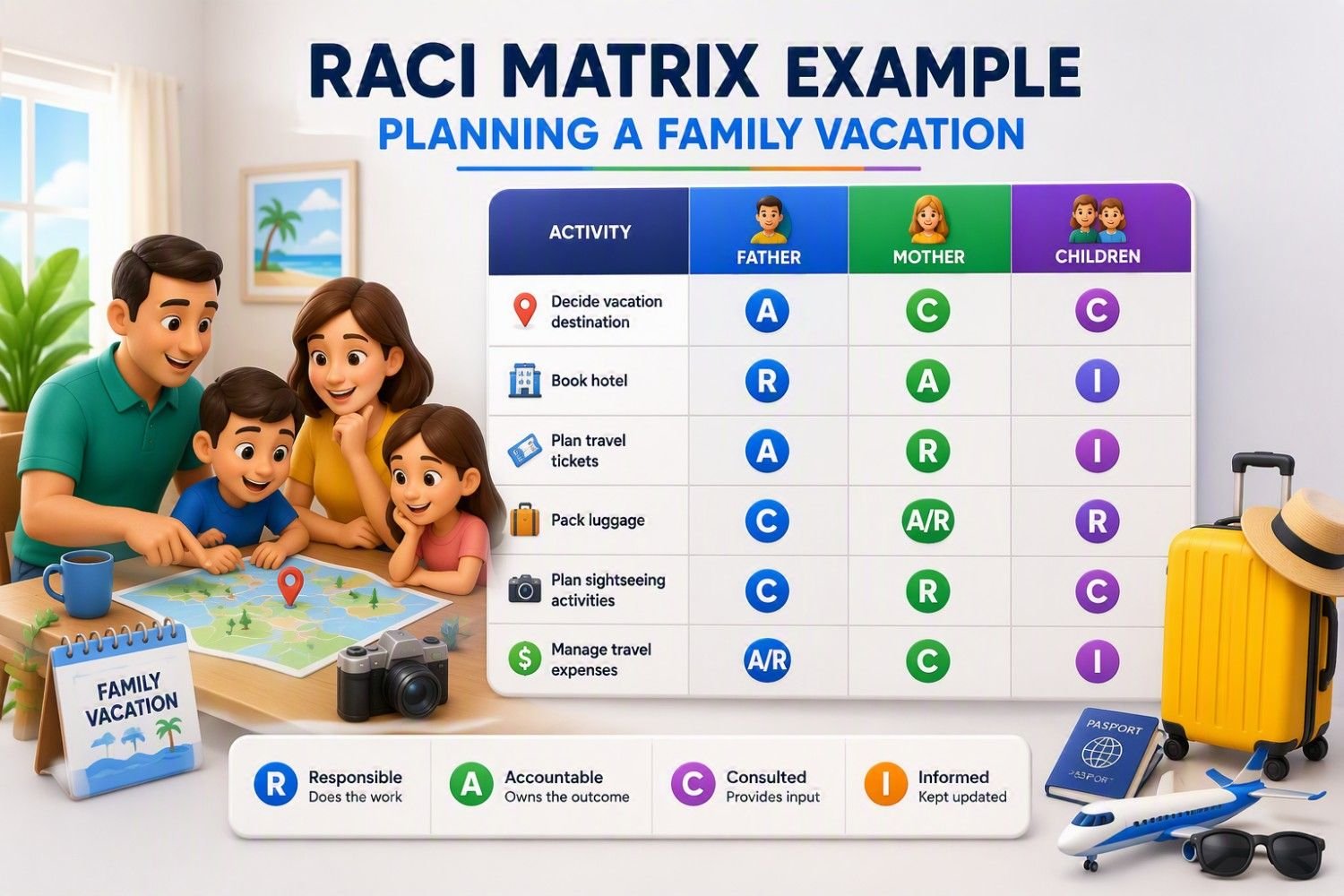 RACI Matrix example infographic showing how the Responsible, Accountable, Consulted, and Informed (RACI) framework can be applied to planning a family vacation. The visual presents a responsibility assignment matrix that maps vacation planning activities—including choosing a destination, booking hotels, arranging travel tickets, packing luggage, planning sightseeing activities, and managing travel expenses—to different family members. It demonstrates how RACI clarifies ownership, decision-making authority, consultation requirements, and communication responsibilities. The infographic highlights how using a RACI Matrix improves role clarity, accountability, collaboration, coordination, and successful project execution in both personal and professional projects.