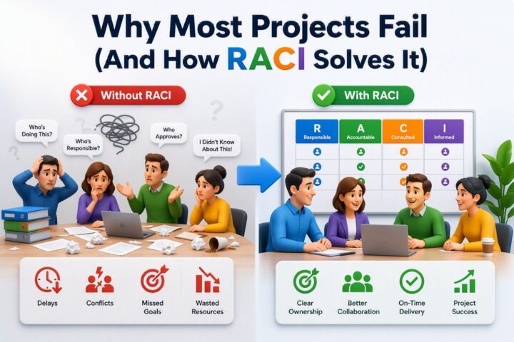 RACI Matrix infographic comparing project execution without RACI versus with RACI. The visual shows a team experiencing confusion over ownership, responsibility, approvals, and communication without a RACI framework, leading to delays, conflicts, missed goals, and wasted resources. In contrast, the RACI matrix clearly defines Responsible, Accountable, Consulted, and Informed roles, enabling clear ownership, better collaboration, on-time delivery, improved communication, and higher project success. The infographic demonstrates how RACI helps project managers eliminate role ambiguity, strengthen accountability, and improve project execution across teams.