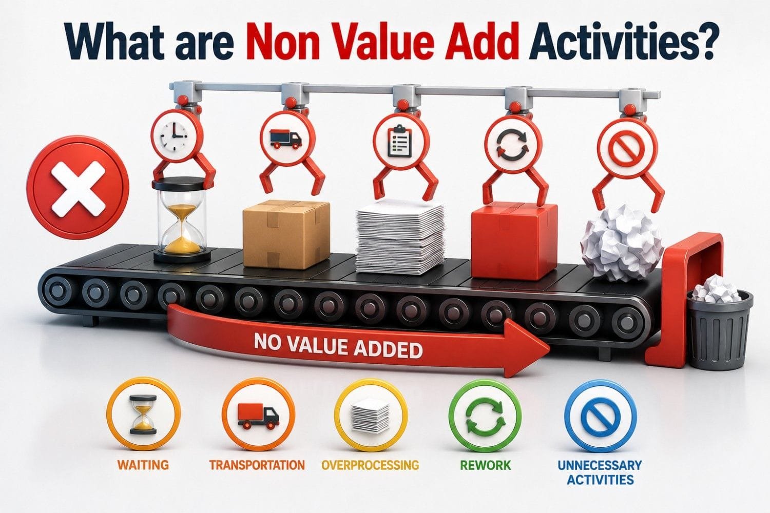 Non‑Value Added Activities infographic illustrating common forms of waste in Lean Manufacturing. The visual shows a production line with activities that do not create customer value, including waiting, transportation, overprocessing, rework, and unnecessary tasks. It highlights how these wasteful activities consume time, resources, and costs without improving product quality or meeting customer requirements, emphasizing the need for waste elimination to improve efficiency and operational performance.