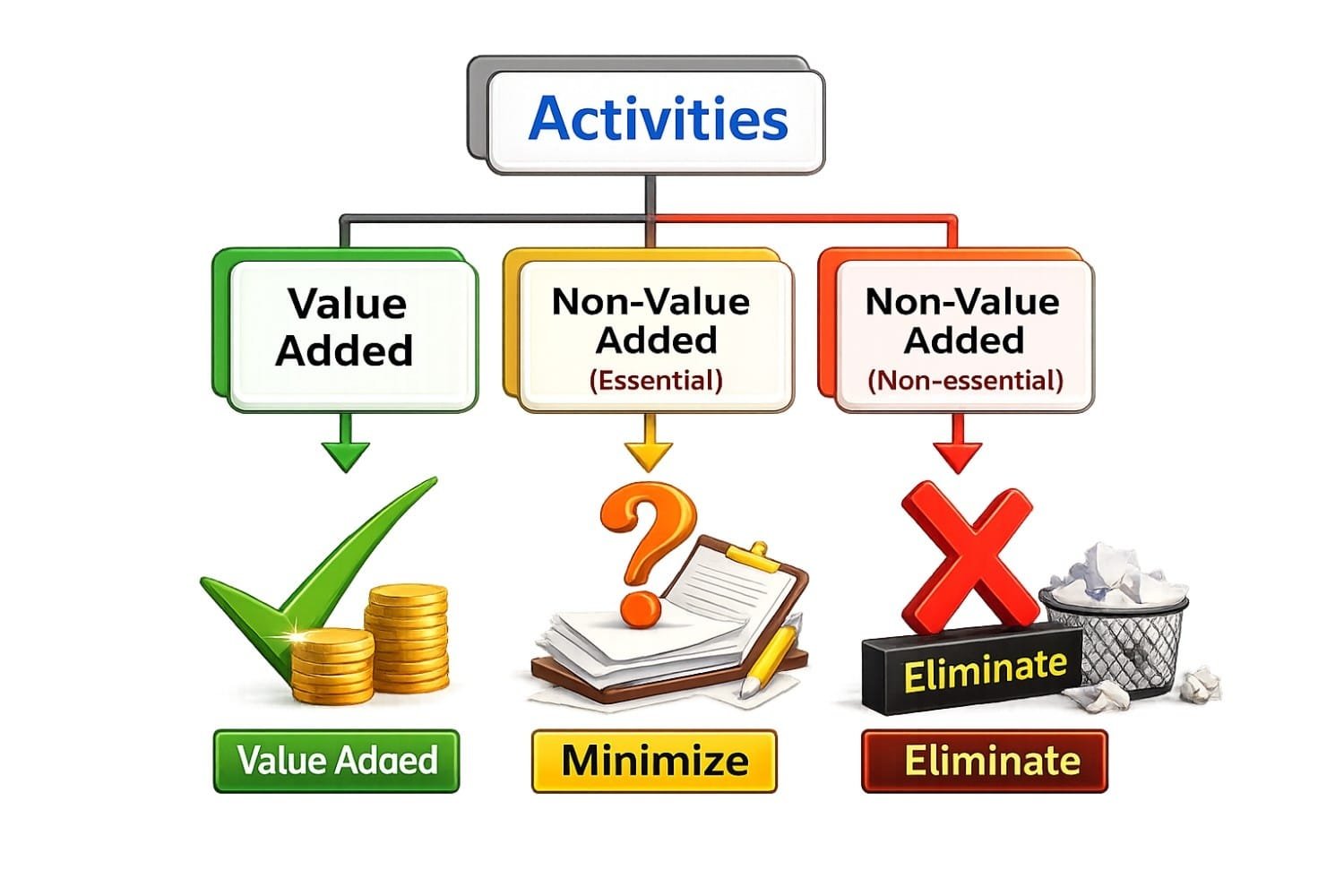 Value Added and Non‑Value Added Activities classification diagram showing three categories of process activities in Lean Manufacturing. The visual distinguishes between Value‑Added activities that create customer value, Essential Non‑Value‑Added activities that should be minimized, and Non‑Essential Non‑Value‑Added activities that should be eliminated. It illustrates how organizations can improve process efficiency by maximizing value‑added work, reducing necessary administrative tasks, and removing wasteful activities that do not contribute to customer satisfaction.