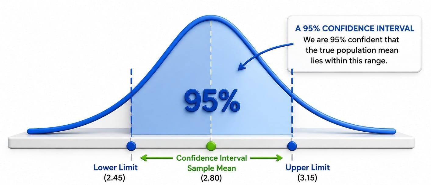 Confidence Level and Confidence Interval infographic illustrating a 95% confidence level on a bell-shaped normal distribution curve. The visual highlights the central area under the curve representing the confidence interval and explains the relationship between confidence level and confidence interval in statistical estimation. It demonstrates how a 95% confidence level indicates the degree of confidence that the interval contains the true population parameter, helping analysts quantify uncertainty, assess reliability, and make more informed data-driven decisions.