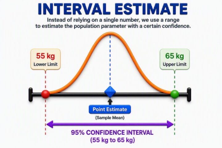 Interval Estimate infographic explaining how a confidence interval provides a range of plausible values for a population parameter rather than relying on a single point estimate. The visual shows a bell-shaped distribution with a sample mean (point estimate) at the center and a 95% confidence interval ranging from 55 kg (lower limit) to 65 kg (upper limit). It demonstrates how interval estimates account for uncertainty, improve statistical reliability, and provide a more informative basis for decision-making than a single estimated value alone.