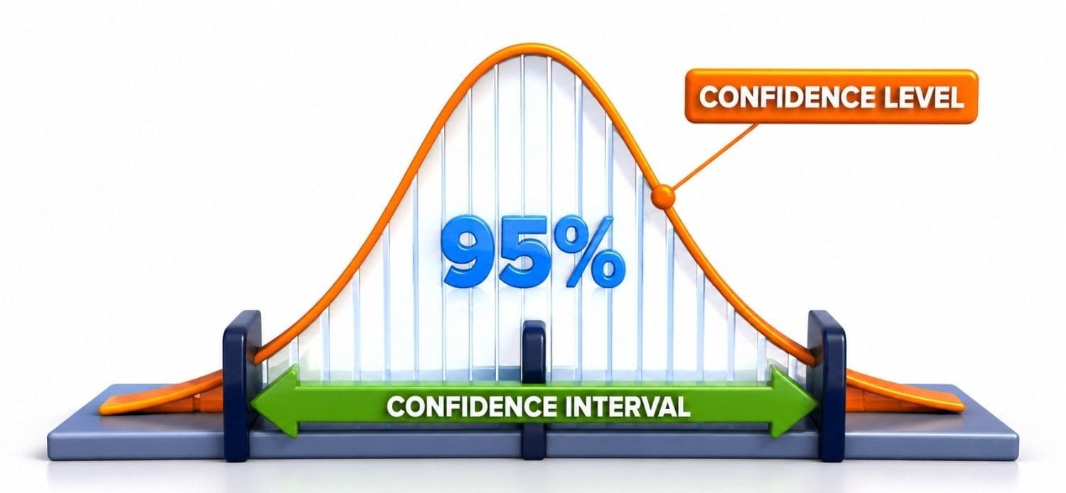 Confidence Level and Confidence Interval infographic illustrating a 95% confidence level on a bell-shaped normal distribution curve. The visual highlights the central area under the curve representing the confidence interval and explains the relationship between confidence level and confidence interval in statistical estimation. It demonstrates how a 95% confidence level indicates the degree of confidence that the interval contains the true population parameter, helping analysts quantify uncertainty, assess reliability, and make more informed data-driven decisions.