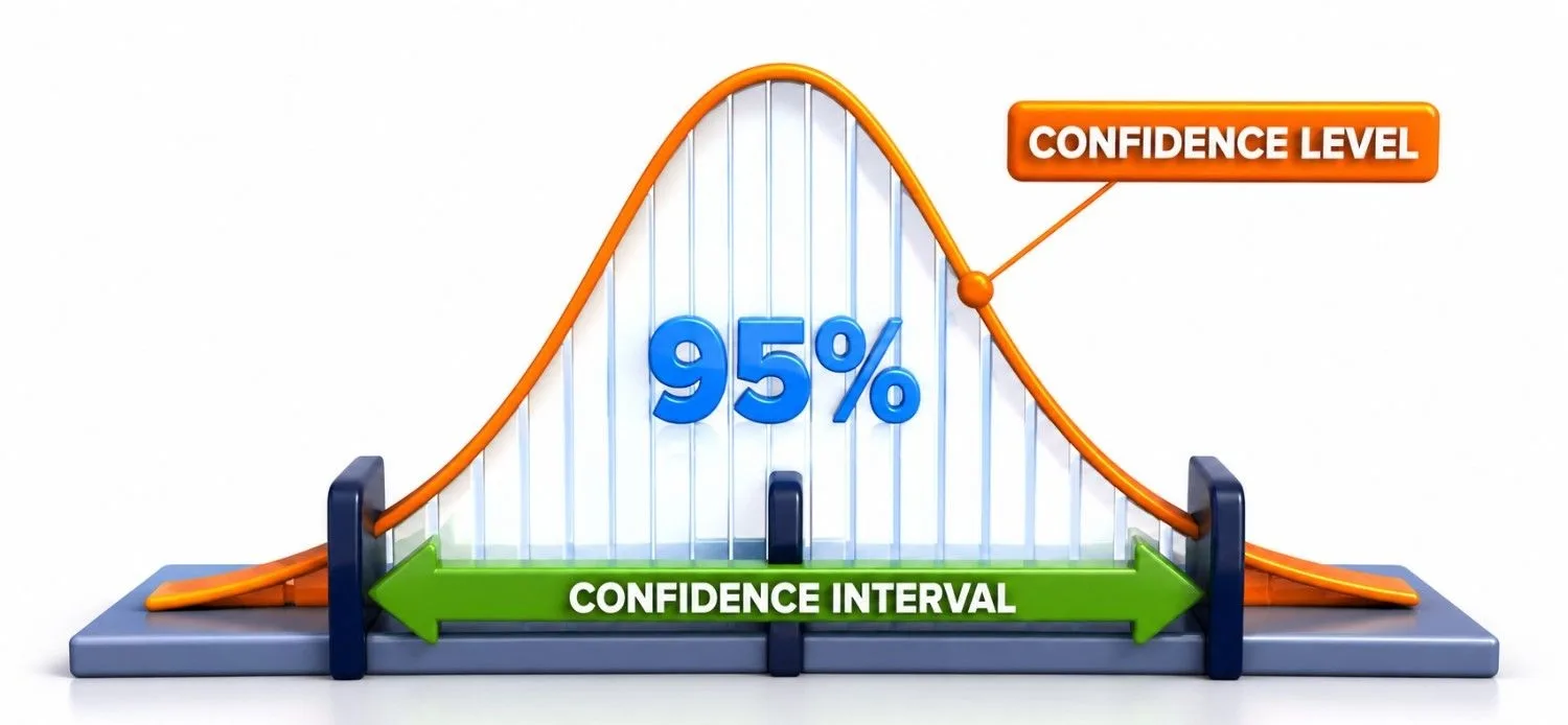 Confidence Level and Confidence Interval infographic illustrating a 95% confidence level on a bell-shaped normal distribution curve. The visual highlights the central area under the curve representing the confidence interval and explains the relationship between confidence level and confidence interval in statistical estimation. It demonstrates how a 95% confidence level indicates the degree of confidence that the interval contains the true population parameter, helping analysts quantify uncertainty, assess reliability, and make more informed data-driven decisions.