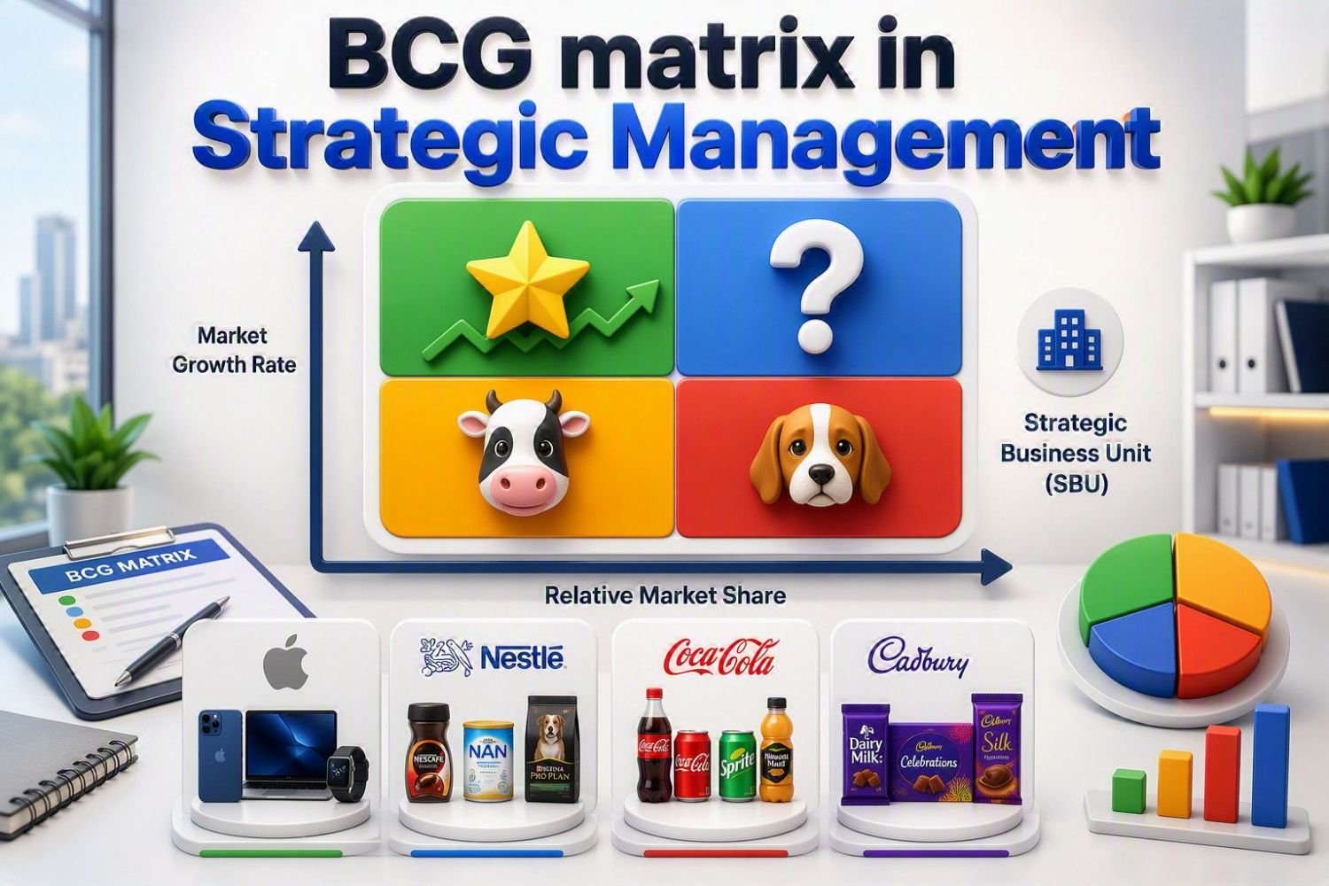 BCG Matrix Explained: Stars, Cash Cows, Dogs & Question Marks BCG Matrix in strategic management showing Stars, Question Marks, Cash Cows, and Dogs quadrants with examples of strategic business units and market share analysis