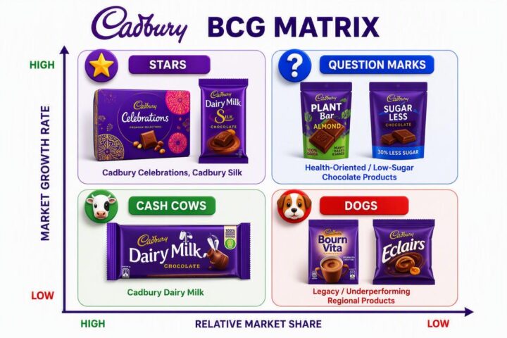 Cadbury BCG Matrix infographic illustrating how Cadbury products can be categorized using the Boston Consulting Group (BCG) Matrix based on market growth rate and relative market share. The visual places Cadbury Celebrations and Cadbury Dairy Milk Silk in the Stars quadrant, plant-based and low-sugar chocolate products in the Question Marks quadrant, Cadbury Dairy Milk in the Cash Cows quadrant, and Bournvita and Cadbury Eclairs in the Dogs quadrant. The infographic demonstrates how the BCG Matrix helps organizations evaluate product portfolios, identify growth opportunities, allocate resources, prioritize investments, and make strategic business decisions for long-term profitability and market success.