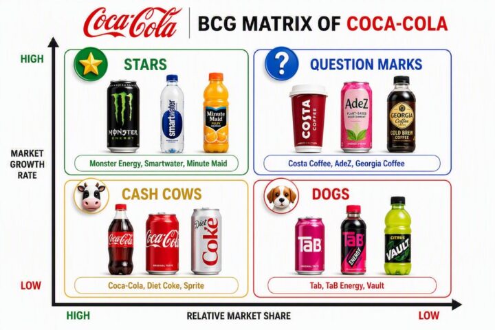 Coca‑Cola BCG Matrix infographic demonstrating how Coca‑Cola products can be classified using the Boston Consulting Group (BCG) Matrix based on market growth rate and relative market share. The visual categorizes Monster Energy, Smartwater, and Minute Maid as Stars, Costa Coffee, AdeZ, and Georgia Coffee as Question Marks, Coca‑Cola, Diet Coke, and Sprite as Cash Cows, and Tab, TaB Energy, and Vault as Dogs. The infographic illustrates how the BCG Matrix helps organizations evaluate product portfolios, prioritize investments, allocate resources effectively, and develop growth strategies for long‑term business success.