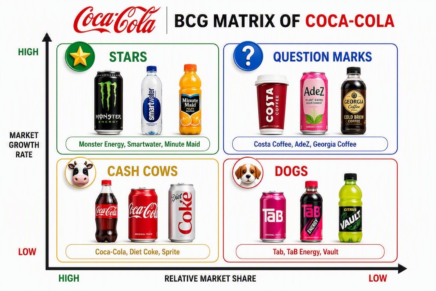 BCG Matrix Explained: Stars, Cash Cows, Dogs & Question Marks CocaโCola BCG Matrix infographic demonstrating how CocaโCola products can be classified using the Boston Consulting Group (BCG) Matrix based on market growth rate and relative market share. The visual categorizes Monster Energy, Smartwater, and Minute Maid as Stars, Costa Coffee, AdeZ, and Georgia Coffee as Question Marks, CocaโCola, Diet Coke, and Sprite as Cash Cows, and Tab, TaB Energy, and Vault as Dogs. The infographic illustrates how the BCG Matrix helps organizations evaluate product portfolios, prioritize investments, allocate resources effectively, and develop growth strategies for longโterm business success.