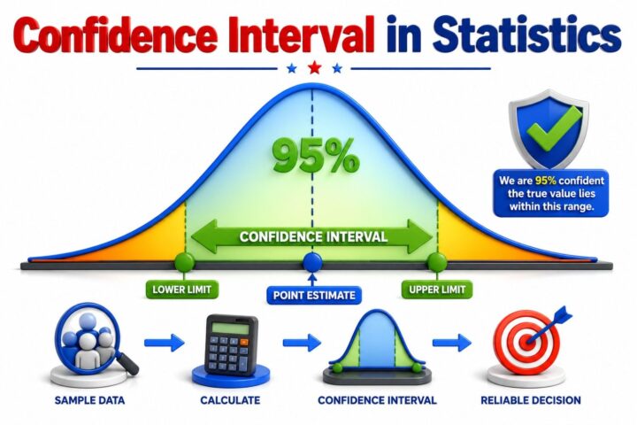 Confidence Interval in Statistics infographic showing 95 percent confidence level, point estimate, lower limit, upper limit, and confidence interval range