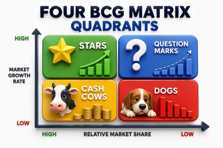 Four BCG Matrix Quadrants infographic illustrating the four categories of the Boston Consulting Group (BCG) Matrix based on market growth rate and relative market share. The visual classifies products or business units into Stars (high growth, high market share), Question Marks (high growth, low market share), Cash Cows (low growth, high market share), and Dogs (low growth, low market share). It demonstrates how organizations use the BCG Matrix to evaluate product portfolios, prioritize investments, allocate resources strategically, and make informed decisions about business growth and profitability.