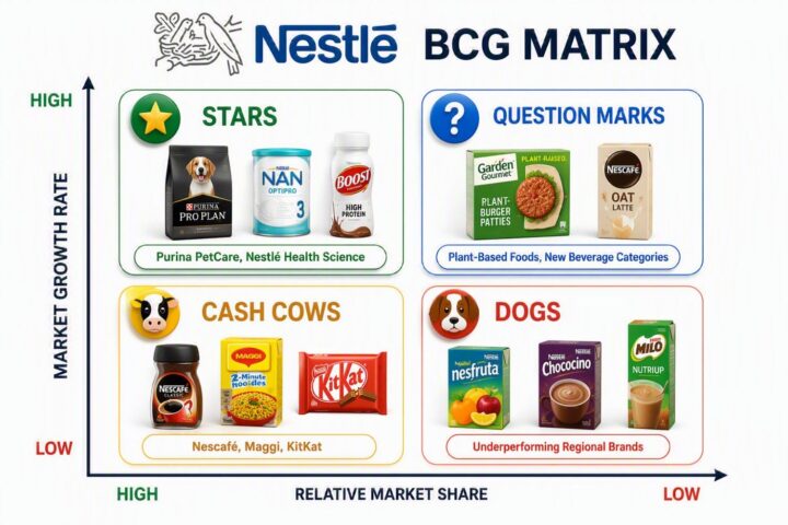 Nestlé BCG Matrix infographic demonstrating how Nestlé products and business units can be categorized using the Boston Consulting Group (BCG) Matrix based on market growth rate and relative market share. The visual classifies Purina PetCare, NAN infant nutrition, and Nestlé Health Science products as Stars, plant-based foods and emerging beverage categories as Question Marks, Nescafé, Maggi, and KitKat as Cash Cows, and several underperforming regional brands as Dogs. The infographic illustrates how the BCG Matrix helps organizations assess product portfolios, allocate resources, prioritize investments, identify growth opportunities, and make strategic business decisions to maximize profitability and long-term success.