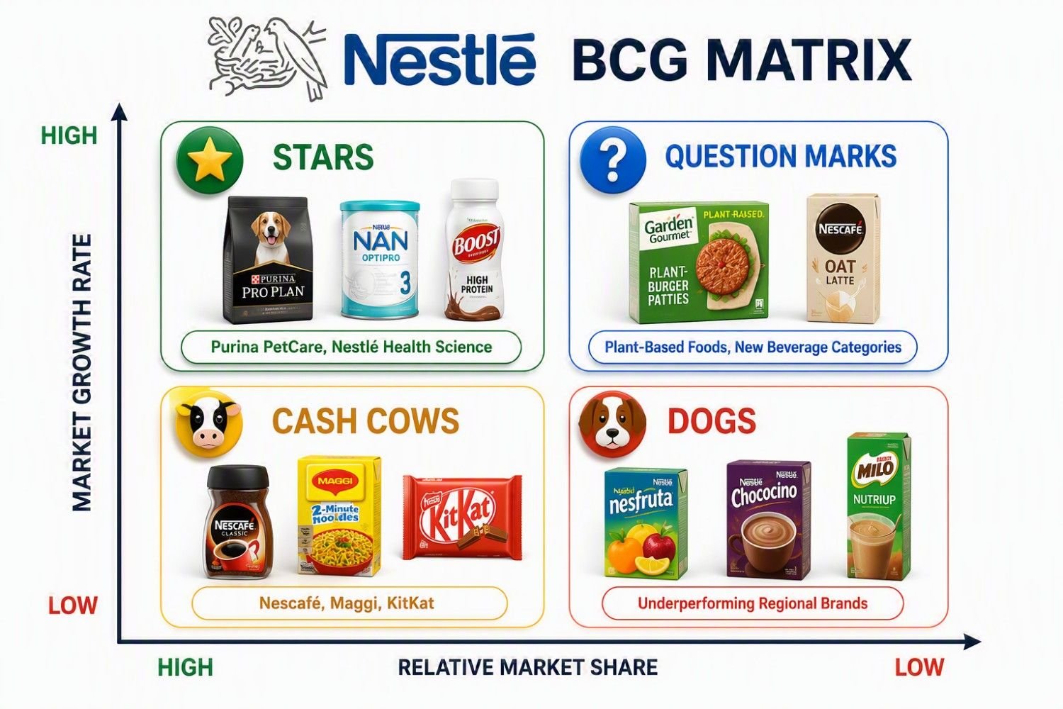 BCG Matrix Explained: Stars, Cash Cows, Dogs & Question Marks Nestlรฉ BCG Matrix infographic demonstrating how Nestlรฉ products and business units can be categorized using the Boston Consulting Group (BCG) Matrix based on market growth rate and relative market share. The visual classifies Purina PetCare, NAN infant nutrition, and Nestlรฉ Health Science products as Stars, plant-based foods and emerging beverage categories as Question Marks, Nescafรฉ, Maggi, and KitKat as Cash Cows, and several underperforming regional brands as Dogs. The infographic illustrates how the BCG Matrix helps organizations assess product portfolios, allocate resources, prioritize investments, identify growth opportunities, and make strategic business decisions to maximize profitability and long-term success.