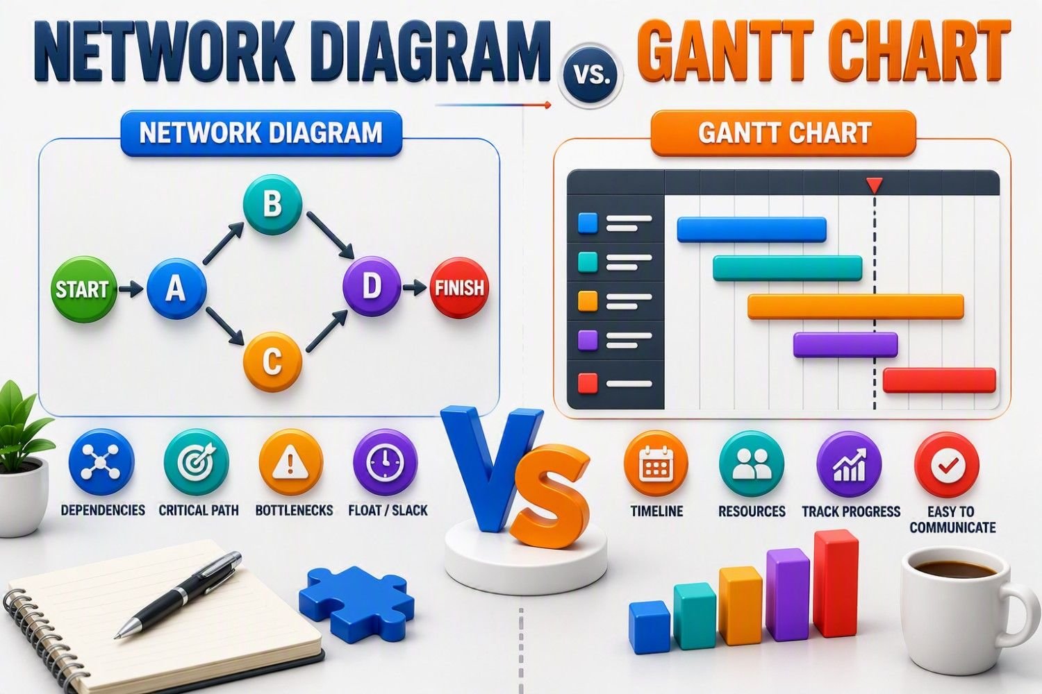 Network Diagram vs Gantt Chart infographic comparing two widely used project management tools. The visual shows a Network Diagram highlighting task dependencies, critical path, bottlenecks, and float/slack, alongside a Gantt Chart displaying project activities on a timeline with task durations, progress tracking, resource planning, and scheduling. It illustrates how network diagrams help project managers understand workflow relationships and activity dependencies, while Gantt charts provide a time-based view of project schedules. The infographic helps learners understand the strengths, differences, and practical applications of both tools for project planning, scheduling, monitoring, and successful project execution.