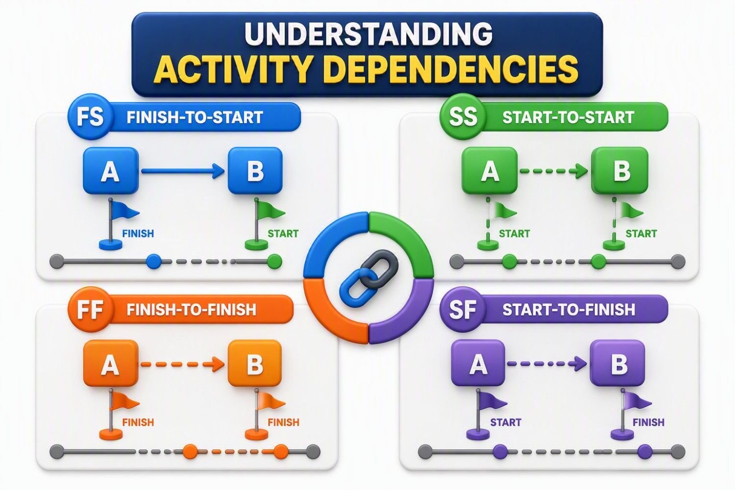 Activity Dependencies infographic explaining the four primary dependency relationships used in project network diagrams and scheduling. The visual illustrates Finish-to-Start (FS), where one activity must finish before the next can begin; Start-to-Start (SS), where two activities can start together or with a defined lag; Finish-to-Finish (FF), where one activity cannot finish until another activity is completed; and Start-to-Finish (SF), where an activity cannot finish until a successor activity has started. The infographic helps project managers understand task relationships, schedule dependencies, critical path analysis, and effective project planning for successful project execution.