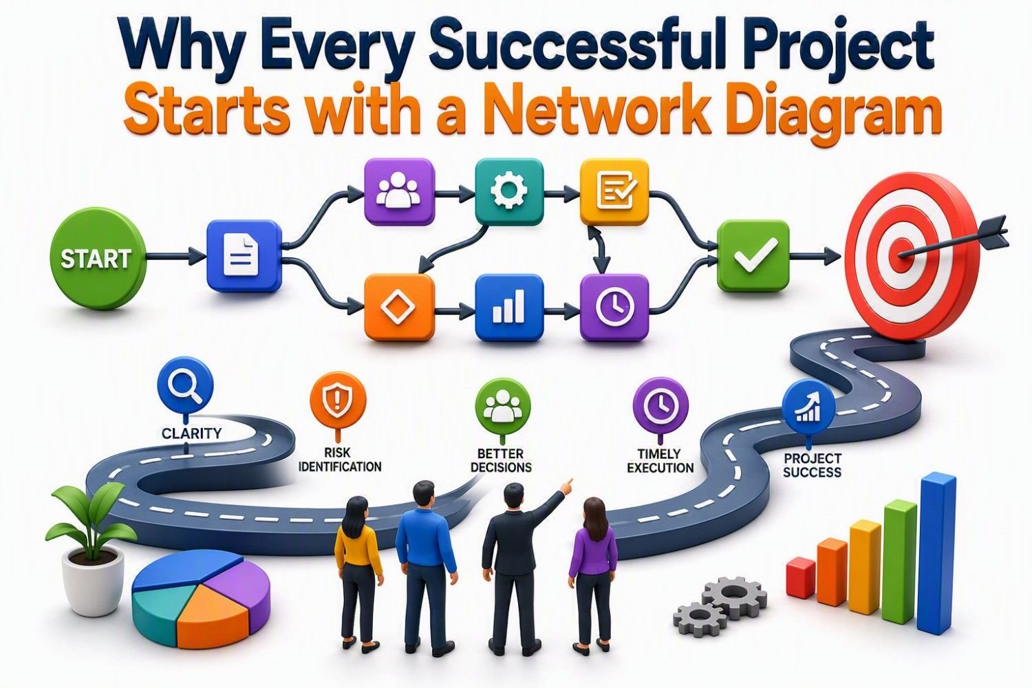 Project Network Diagram infographic illustrating how a project moves from start to successful completion through a sequence of interconnected activities and task dependencies. The visual shows multiple workflow paths linking project tasks, resources, milestones, and decision points, culminating in project success. It highlights key benefits of network diagrams, including project clarity, risk identification, better decision-making, timely execution, resource planning, and improved project control. The infographic demonstrates how project managers use network diagrams to visualize dependencies, identify the critical path, optimize schedules, and increase the likelihood of delivering projects on time and within scope.