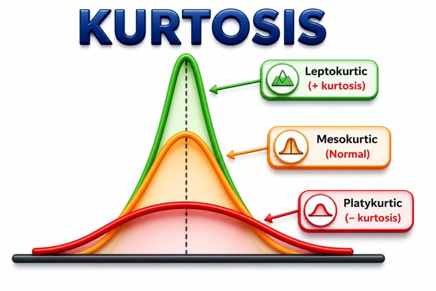 Kurtosis infographic explaining the three common shapes of data distributions in statistics: Leptokurtic, Mesokurtic, and Platykurtic. The visual compares a sharply peaked distribution with high kurtosis (Leptokurtic), a normal bell-shaped distribution with average kurtosis (Mesokurtic), and a flatter distribution with low kurtosis (Platykurtic). It illustrates how kurtosis describes the concentration of data around the center and the tendency for extreme values or outliers, helping learners understand distribution shape and statistical analysis.