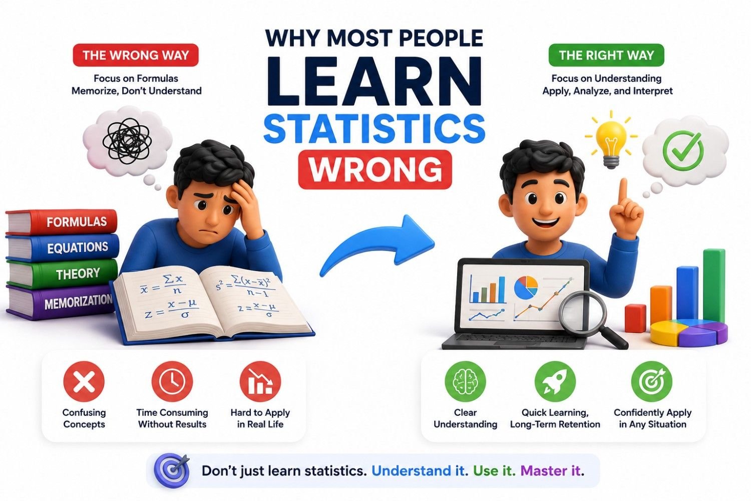 Statistics learning infographic comparing ineffective and effective ways to learn statistics. The visual shows one approach focused on memorizing formulas, equations, and theory, which leads to confusion and difficulty applying concepts, contrasted with a practical approach that emphasizes understanding, analysis, interpretation, and real-world application. It highlights benefits such as clearer understanding, faster learning, better retention, and the ability to confidently use statistical concepts in problem-solving and decision-making.