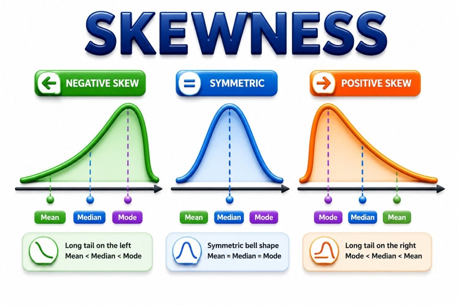Skewness infographic explaining the three shapes of data distribution in statistics: negative skew (left-skewed), symmetric distribution, and positive skew (right-skewed). The visual shows the relationship between mean, median, and mode for each distribution. In a negative skew, the mean is less than the median and mode; in a symmetric distribution, the mean, median, and mode are equal; and in a positive skew, the mean is greater than the median and mode. The graphic helps learners understand data distribution patterns, central tendency measures, and statistical interpretation.