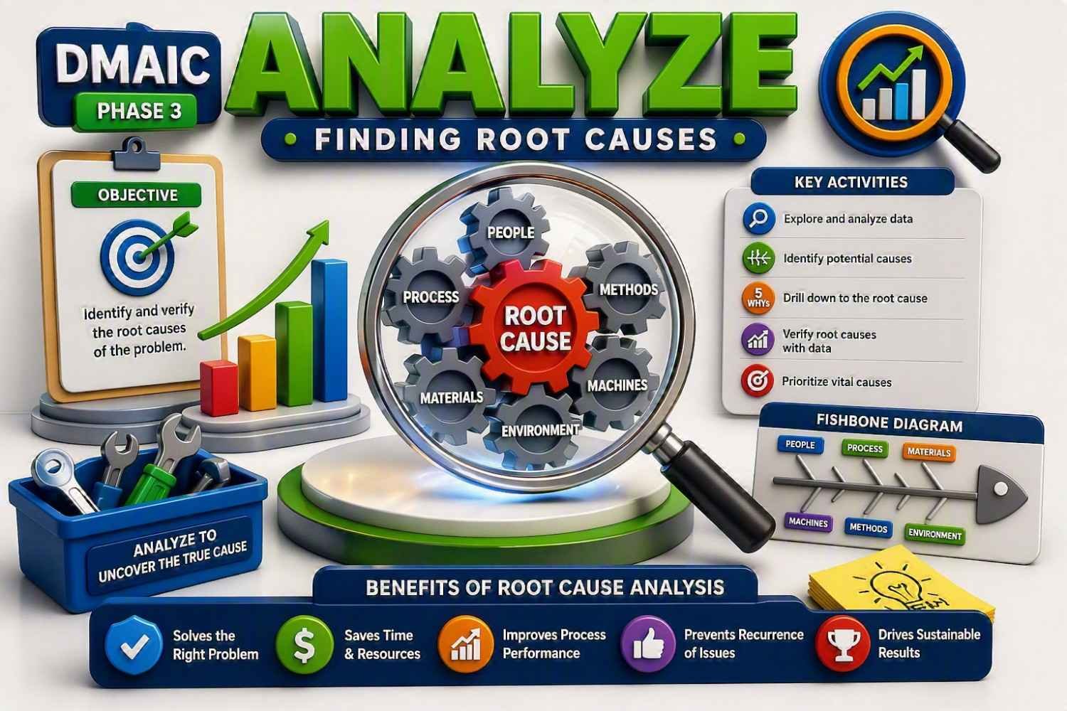 Six Sigma DMAIC : Explained Step by Step DMAIC Analyze Phase infographic illustrating root cause analysis, Fishbone Diagram, 5 Why analysis, data investigation, cause verification and problem-solving techniques in Six Sigma methodology