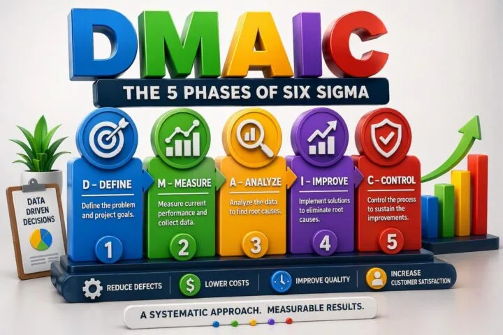 DMAIC Six Sigma methodology infographic showing Define, Measure, Analyze, Improve, and Control phases for reducing defects, improving quality, and achieving measurable results.