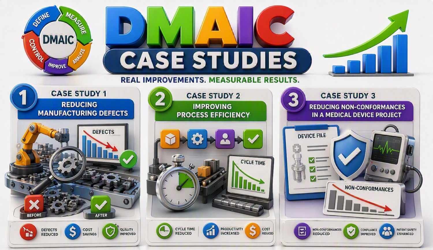 Six Sigma DMAIC : Explained Step by Step DMAIC case studies infographic showing real-world Six Sigma projects for defect reduction, process efficiency improvement and non-conformance reduction with measurable business results