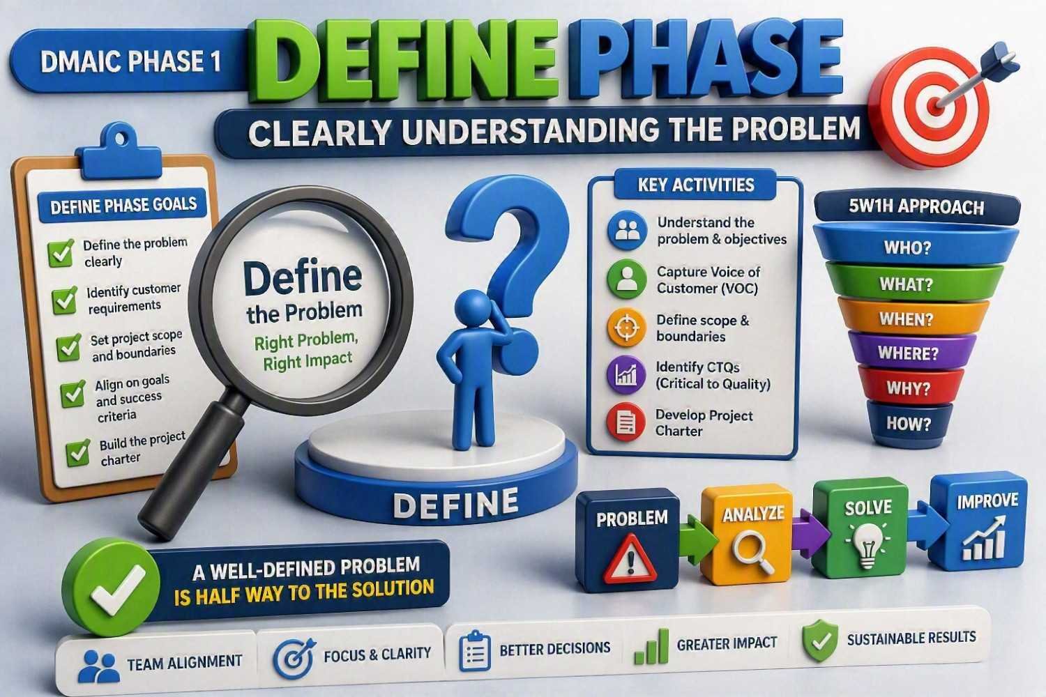 Six Sigma DMAIC : Explained Step by Step DMAIC Define Phase infographic showing project charter development, problem definition, voice of customer analysis, CTQ identification and 5W1H approach in Six Sigma methodology